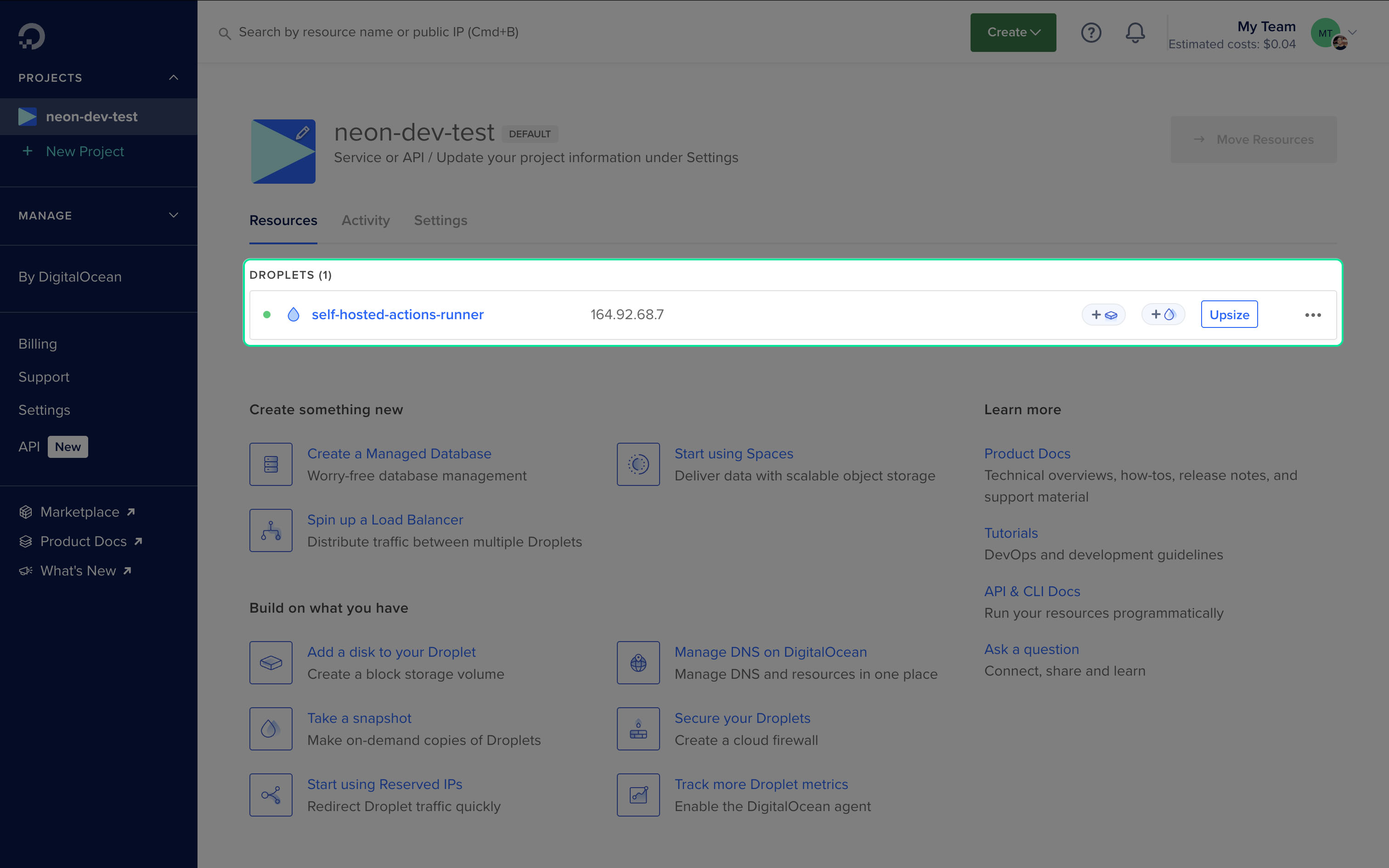 Screenshot of Digital Ocean Droplet Config- Droplet IP